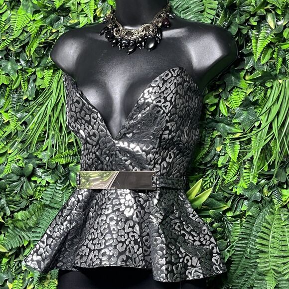 San Joy Tops - SAN JOY Tops Women‎ Small Black Silver Animal Print Strapless Peplum Blouse 2515